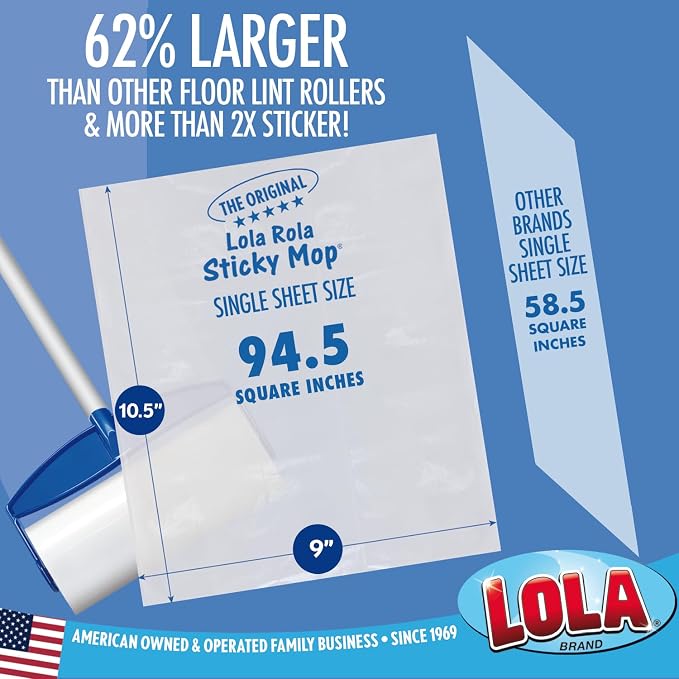 LOLA Rola Sticky Mop Refills, Giant Adhesive Roller, 180 Sheets, Traps Dirt, Dust & Hair, Pet Hair Remover, Floor & Carpet Cleaner, 18 Pack