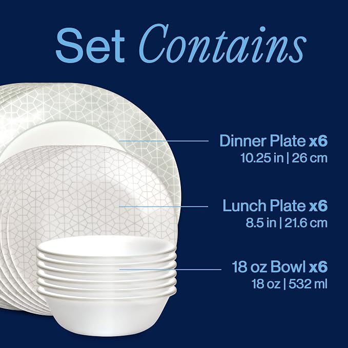 Corelle Vitrelle 18 Piece Glass Dinnerware Sets Service for 6, Triple Layer Chip & Crack Resistant Glass Plate and Bowl Sets, Knox