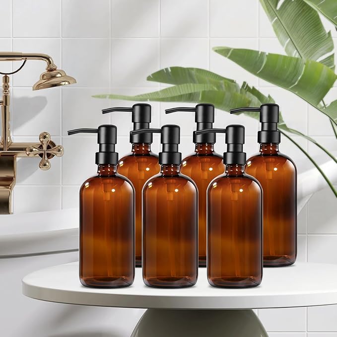 GMISUN Amber Glass Soap Dispenser, 6 Pack Bathroom Hand Soap Dispensers with Stainless Steel Pump, 17 Fl Oz Kitchen Hand and Dish Soap Dispenser Set, Modern Vintage Liquid Brown Soap Dispensers Bottle