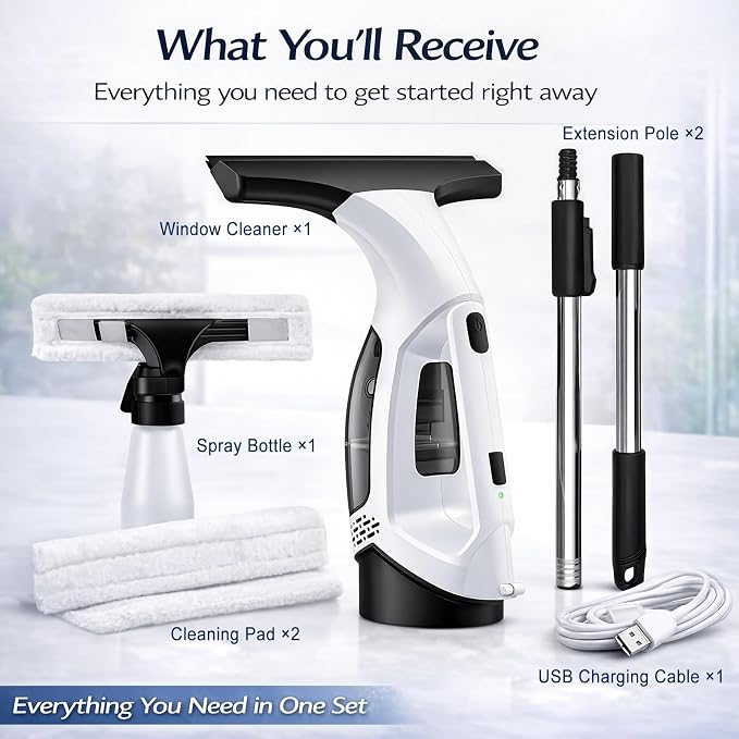 Window Vacuum Squeegee Cordless, Electric Window Cleaner Tool with 2000Pa Suction, 2200mAh Rechargeable Battery, 150mL Detachable Tank, 11-Inch Blade for Windows, Shower Doors, Mirrors