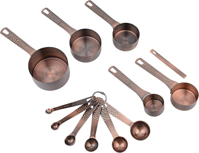 Copper Plated Measuring Cups and Spoons set, Stainless Steel Measuring Cups and Spoons Set for Baking & Kitchen, Cute Metal Metric & US Measure Cup and Spoon with Leveler & 1/8 Cup
