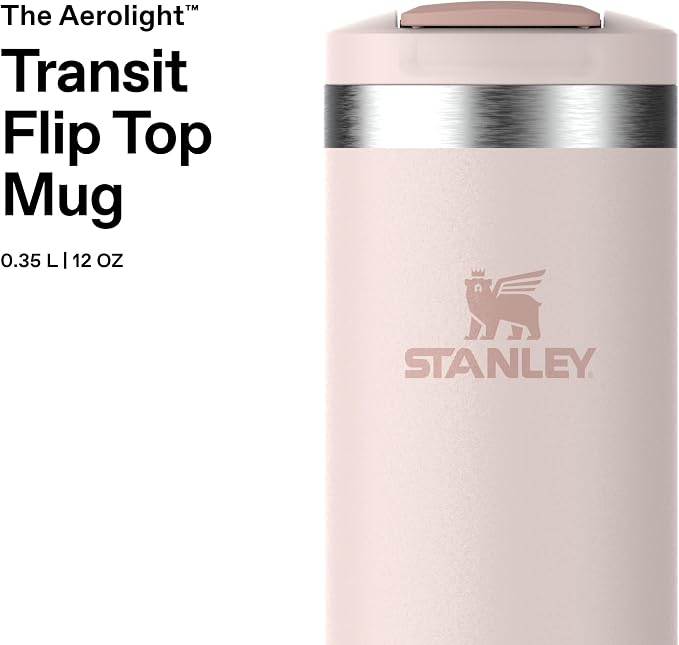 STANLEY 1913 Transit Flip Top Mug 0.35L - Rose Quartz | Keeps 4 Hours Hot - 6 Hours Cold - Leakproof - Dishwasher Safe - Car Cup Holder Compatible