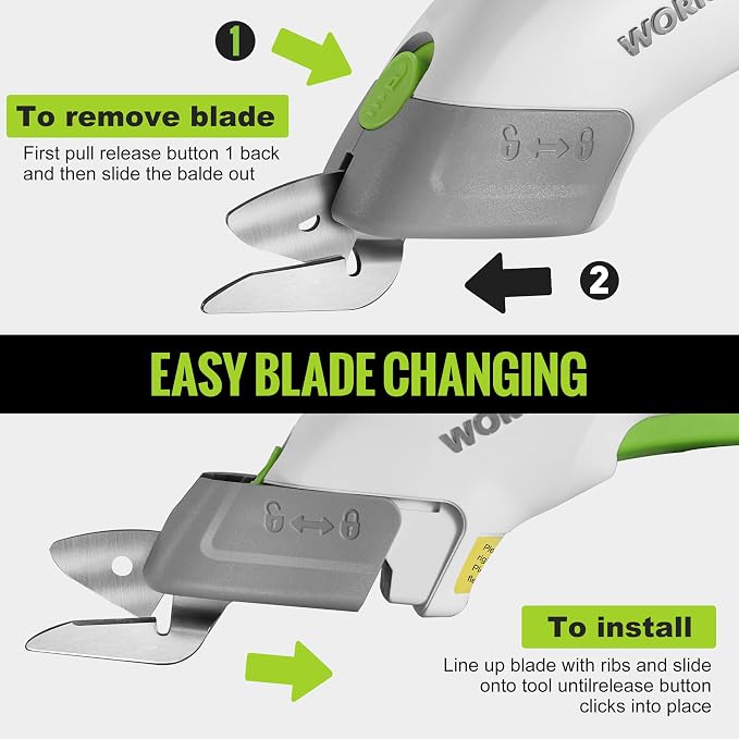 WORKPRO Cordless Electric Scissors with 2 Blades, 4V Rechargeable Powerful Shears Cutting Tool for Fabric, Leather, Carpet and Cardboard, Power Shears for Sewing, Scrapbooking, Crafting