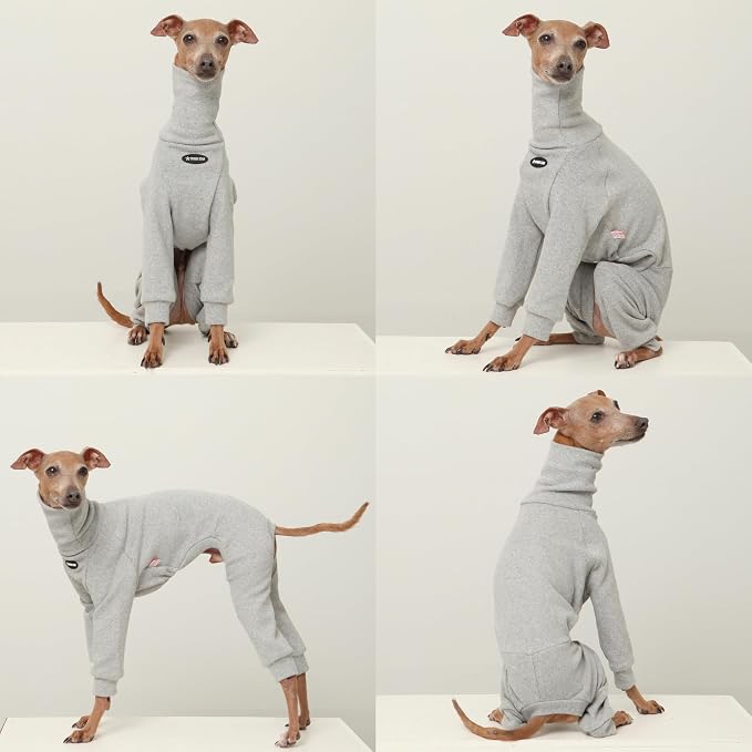 D Doggy Star Italian Greyhound Clothes, Brushed Fleece Turtleneck All in One, Stretchy and Cozy (L,Brshd FLC Grey)