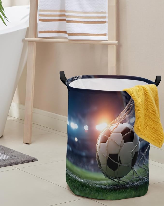 Collapsible Laundry Basket 42L, Football Storage Bin Laundry Hamper with Handles, Goal Net Soccer Sports Orange Blue Green Waterproof Clothes Baskets for Bathroom/Bedroom 13.8 x 17 In