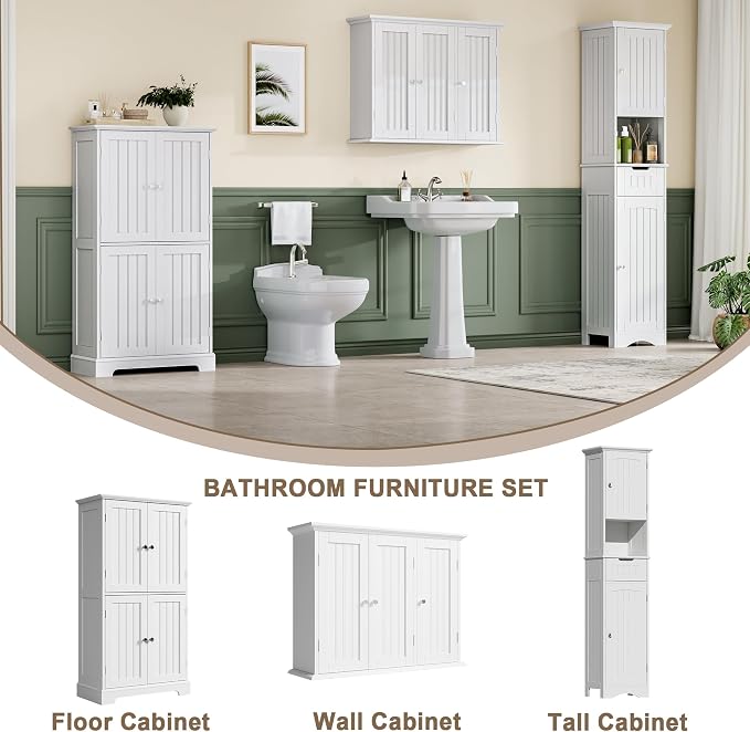 ChooChoo Bathroom Wall Cabinet with 3 Doors, Laundry Cabinet Wall Mounted, Medicine Cabinet with Adjustable Shelves, Hanging Kitchen Cupboard Organizer, White
