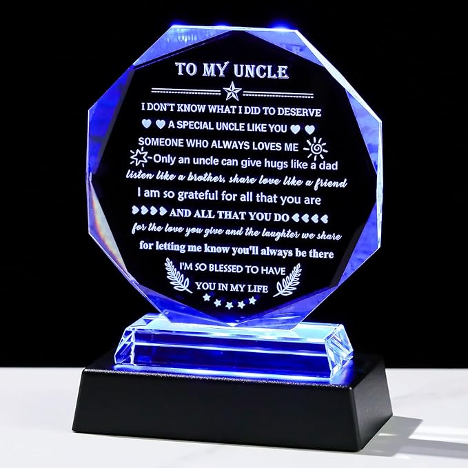 YWHL Meaningful Gifts for Uncle from Niece Nephew with Colorful LED Base, Fathers Day Birthday Gifts for Uncles Crystal Keepsake Present Best Uncle Ever Gifts on Christmas Thanksgiving Day