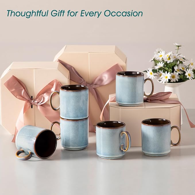 vancasso ONION Ceramic Coffee Mugs Set of 6, 12 Oz Coffee Cups for Latte, Cappuccino & Hot Cocoa, Artisan Modern Style for Coffee Bar, Home & Kitchen, Microwave & Dishwasher Safe, Light Blue Gray