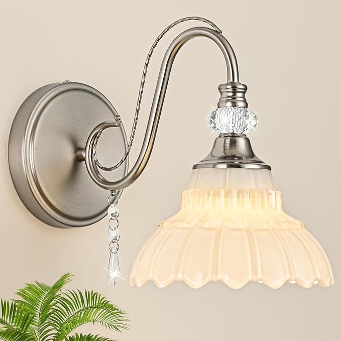 1 Piece Brushed Nickel Finish Wall Sconce, 1-Light Modern Wall Sconce with Hanging Crystal Accents and Flower-Shaped White Shades for Bathroom Bedroom Living Room,Modern Vanity Light