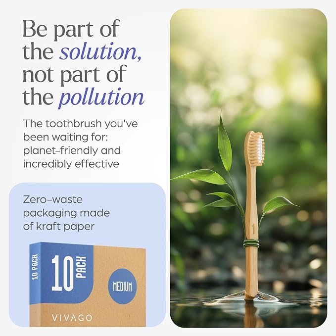 VIVAGO Bamboo Toothbrushes - Medium Bristles Toothbrushes for Adults | Natural Toothbrush, Eco-Friendly, Wooden Toothbrush, BPA-Free, 10 Pack