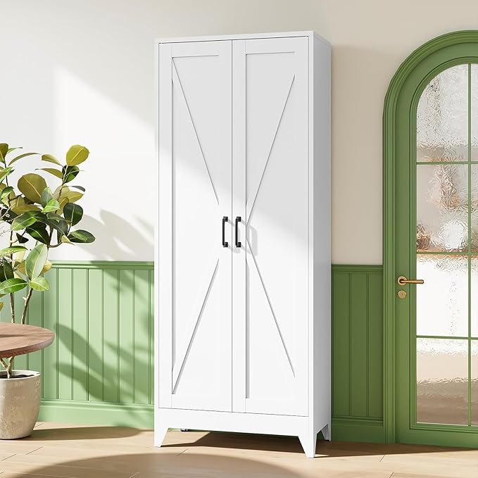 75" H Metal Storage Cabinet with 2 Doors and 4 Shelves,Tall Kitchen Pantry Cabinets,Farmhouse Utility Pantry Organizers for Cupboard/Dining/Bathroom/Home Office/Garage,White