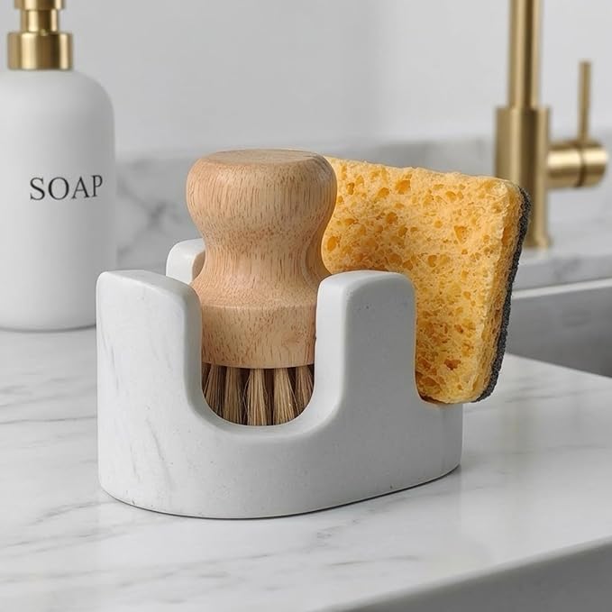 White Marble Sponge Holder for Kitchen Sink, 2-in-1 Sponge & Brush Holder with Raised Edge, 2 Slot Natural Stone Sink Caddy for Countertop, Keeps Countertops Dry, Non-Slip Base, Modern Kitchen Decor