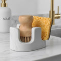 White Marble Sponge Holder for Kitchen Sink, 2-in-1 Sponge & Brush Holder with Raised Edge, 2 Slot Natural Stone Sink Caddy for Countertop, Keeps Countertops Dry, Non-Slip Base, Modern Kitchen Decor