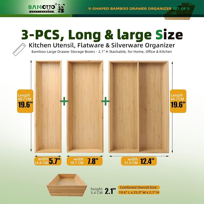 BAMOTTO CRAFTBAMBOO V-Shaped 3-Pack 19.6" Long Bamboo Drawer Organizer Box - Easy Reach Cutlery Tray for Flatware Silverware Utensil, Kitchen & Home Use (19.6"x5.7"/19.6"x7.8"/19.6"x12.4")