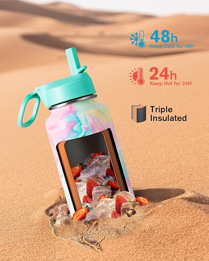 Coolflask Water Bottle Insulated with Straw & 3 Lids, 40 oz Water Jug Large Metal Stainless Steel Wide Mouth for Sports, Gym or Office, Non-BPA Keep Cold 48H Hot 24H, Pastel Sorbet