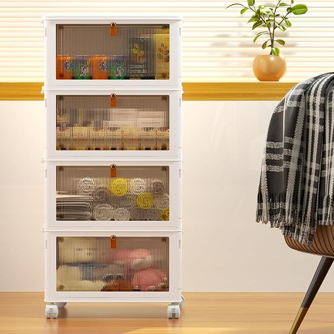 YFXCVSL 4 Tier Plastic Storage Bins with Lid 23QT, Stackable Storage Containers with Wheels, Folding Storage Boxes, Stackable Storage Bins, Organizers and Storage for Living Room,Office,Dorm