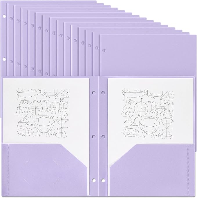 Yeaqee 50 Pcs Plastic Folders with Pockets Bulk 3 Hole Punched 2 Pocket File Folders for 3 Ring Binder Divider Folder for Notebooks, Durable Poly for Office Home (Light Purple)