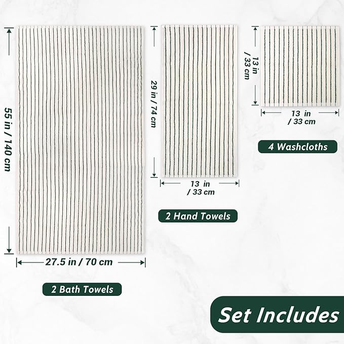 8 Piece Green Towel Set, Super Soft & Absorbent Cotton Striped Towels | for Bathroom Decor, 2 Bath, 2 Hand, 4 Washcloths