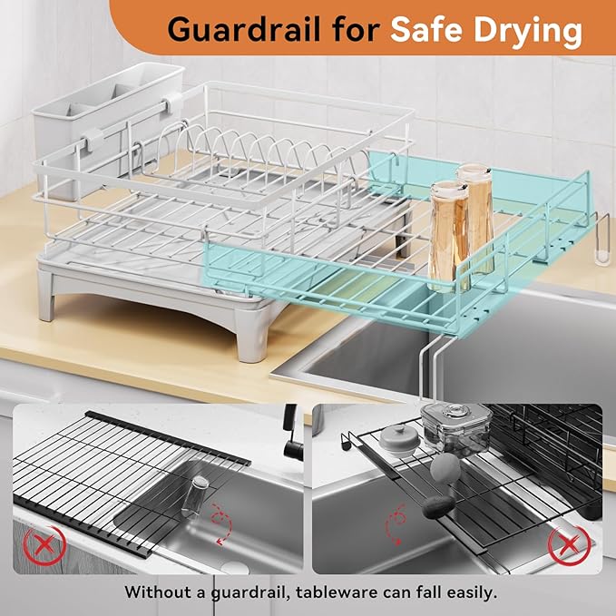 Laveshop Dish Drying Rack - Expandable Rack, Large Capacity Dish Drainer for Kitchen Counter, Rust-Proof with Utensil Holder, Gray