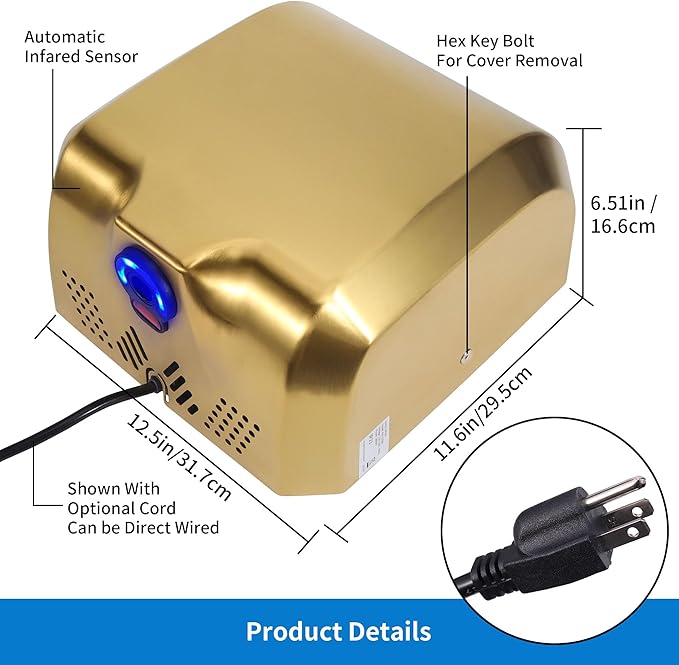 Goetland Stainless Steel Commercial Hand Dryer 1800w Automatic High Speed Heavy Duty Gold