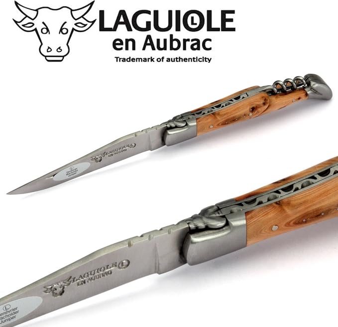 Laguiole en Aubrac Handmade Knife 12 cm Corkscrew L0312GEIF Juniper Wood Handle, Blade and bolsters Stainless Steel