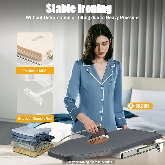 Foldable Cabinet Ironing Board Retractable Grey Ironing Station | Sturdy Load-Bearing Structure, Adjustable Rotation Design, Easy Install Compact Fold Size fit Wardrobe Drawer Cabinet Use