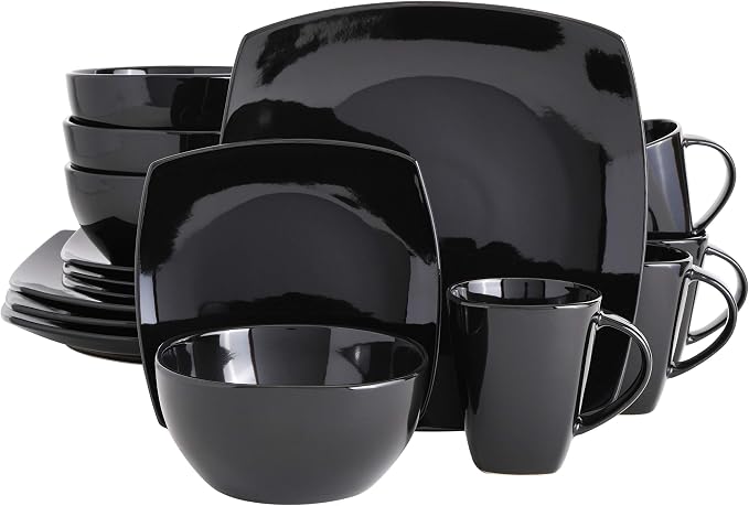 Gibson Elite Soho Lounge Square Reactive Glaze Stoneware Dinnerware Set, Service for 4 (16pc), Black