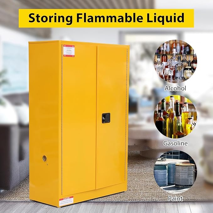 Flammable Storage Cabinet 43" x 18" x 65", 45 Gallon Galvanized Steel Flammable Liquid Storage Locker with 2 Adjustable Shelves & Manual-Close Doors, OSHA Compliant Industrial Hazardous Storage, Yell