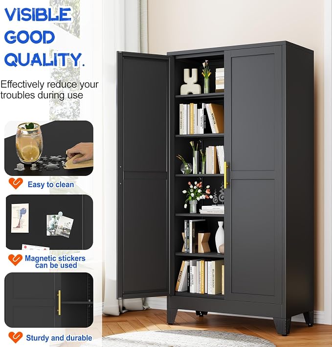 GAIOUS 75.2" Tall Metal Storage Cabinet, Kitchen Pantry Cabinet Black | Food Storage, Kitchen Organizer, Freestanding Cupboard with 2 Doors and 5 Adjustable Shelves, 6 Tier, Steel,for Office Dining