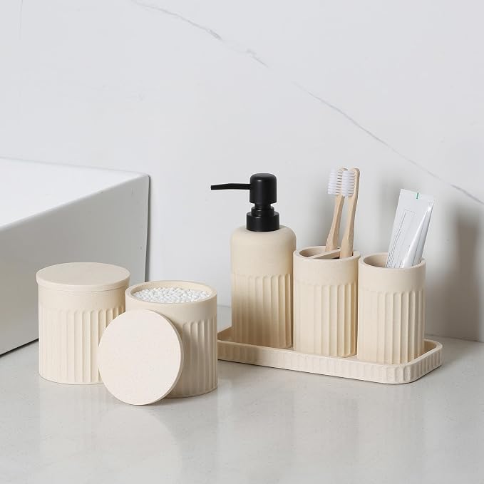 INIUNIK Bathroom Accessory Set - 6 Pieces Bathroom Accessories Set Complete with Soap Dispenser, Toothbrush Holders, Tumbler, Vanity Tray and 2 Qtip Holder for Home Organizer and Decor, Beige