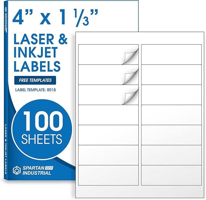 4" X 1.33" Matte White Printable Address Labels (100 Sheets, 1400 Stickers) Mailing Labels for Envelopes, File Folder Stickers for Laser & Inkjet Printers - Spartan Industrial Template R018