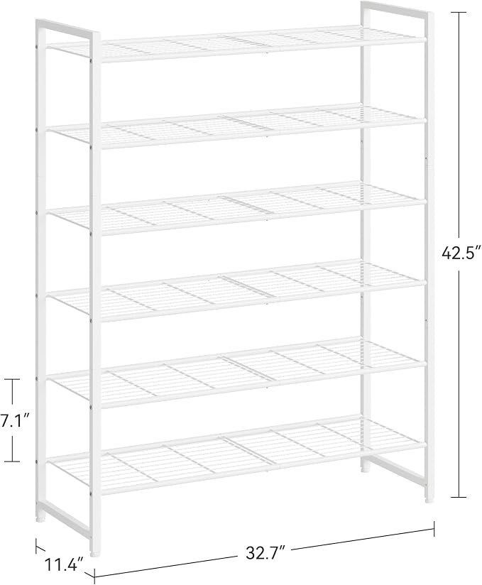 Nunsino Shoe Rack, Metal Shoe Organizer, 6 Tier Garage Shoe Rack Max Holds 30 Pairs,Shoe Storage Shelf for Closet,Entryway,White