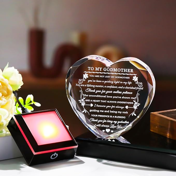 Arikyrist Godmother Gift from Godchild with Colorful LED Base Heart Crystal Gifts for Godmother on Birthday Christmas Mothers Day Thanksgiving from Goddaughter Godson