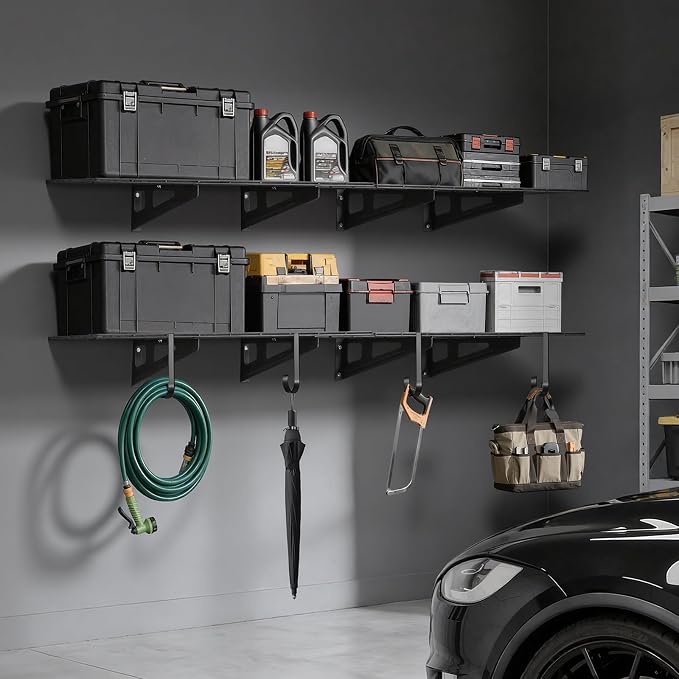 VEVOR 2-Pack Heavy Duty Garage Wall Shelving, 2 x 6 ft Steel Wall Mounted Shelving Unit with Hooks, 24 x 72 Inch Per Shelf Floating Storage Metal Rack, 1000 lbs Total Weight Capacity