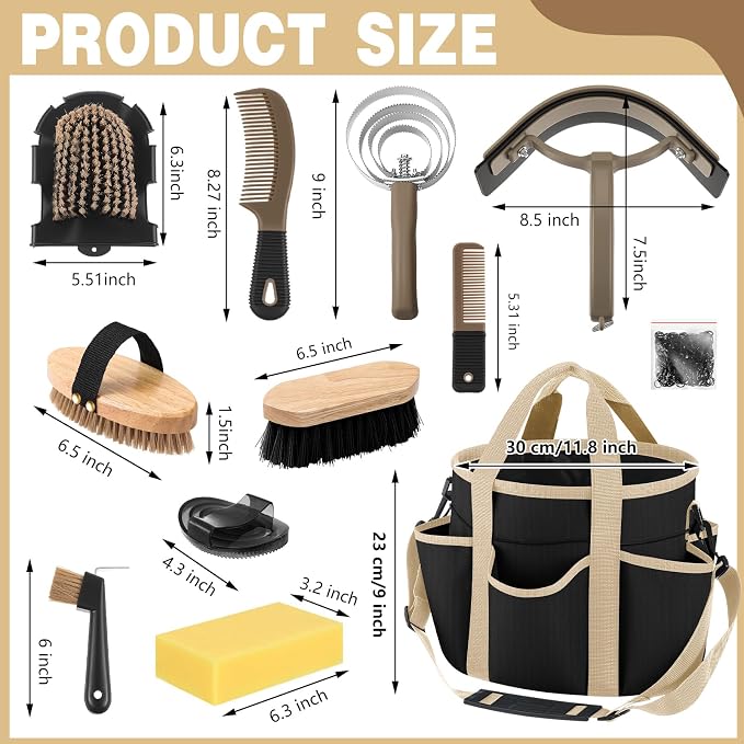 Abbylike 12 Piece Horse Grooming Kit with Organizer Tote Bag Brush Sets for Derby Day Show Horses Professional Tools for Care & Massage(Black and Dark Grey)