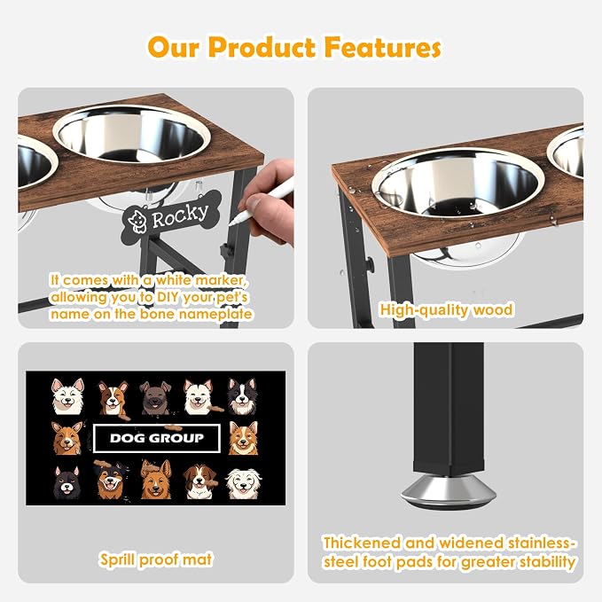 XXLarge Wooden Elevated Dog Bowl Stand – 4 Adjustable Heights (11.8"-17.7"), Wooden & Metal with 3 Stainless Steel Bowls & Splash Pad for Large & Extra Large Breeds