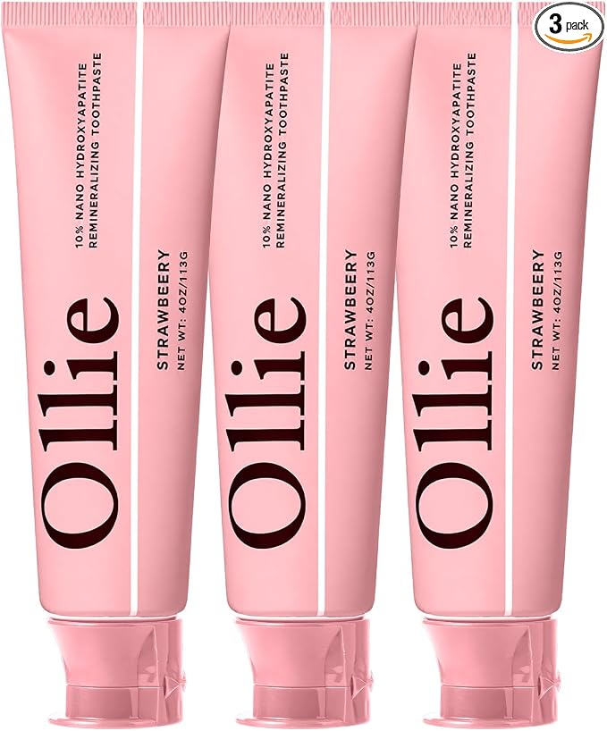 Ollie Fluoride Free 10% Nano Hydroxyapatite Toothpaste, Strawberry, 4oz | Rod-Shaped Nano HAP, Remineralizes Enamel, Reduces Sensitivity, Reverses Small Cavities, Naturally Whitens Teeth, (Pack of 3)