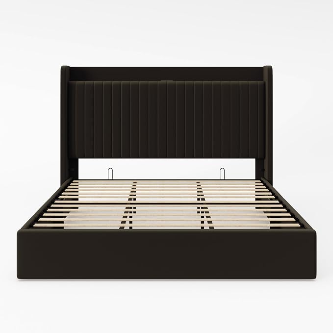 Allewie King Lift Up Storage Hydraulic Bed Frame,Charging Station,Black | Storage Shelf Headboard with Charging Station,Type-C,USB Ports,Hydraulic Support,Velvet Upholstered,No Box Spring Needed