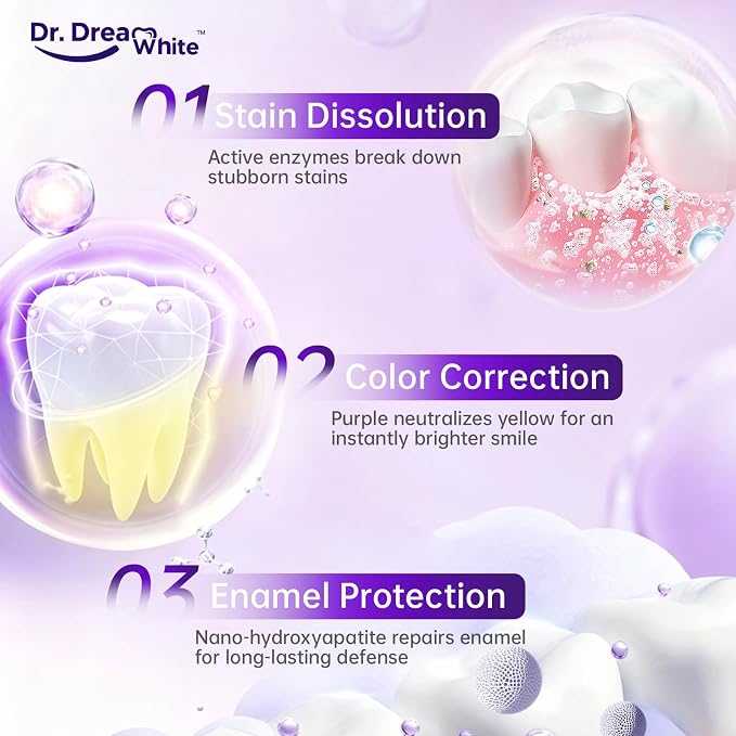 Dr.DreamWhite Purple Color Correction Whitening Toothpaste, 4oz, Pack of 2 | with 2 Toothbrushes - for Yellow & Sensitive Teeth | VIO-Zyme mHAP Formula, Instantly Brightens, Fluoride-Free