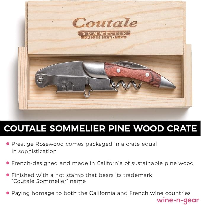 Prestige Waiters Corkscrew By Coutale Sommelier - Rosewood - Handmade and Sustainable Pinewood Crate - French Patented Spring-Loaded Double Lever Wine Bottle Opener for Bartenders and Gifts