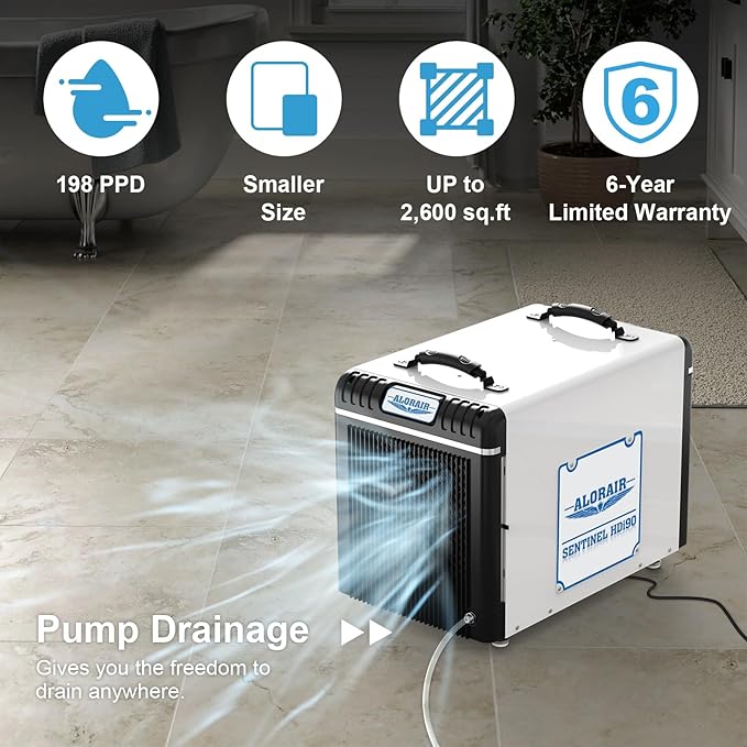 ALORAIR Basement/Crawlspace Dehumidifiers 198 PPD (Saturation), 90 Pints (AHAM), 6 Years Limited Warranty, Condensate Pump, Auto Defrosting, Rare Earth Alloy Tube Evaporator
