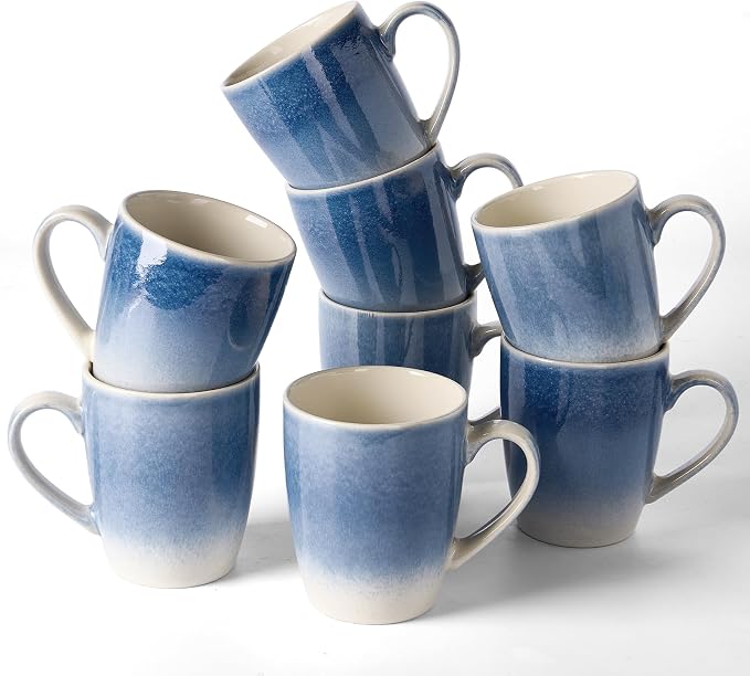 famiware Coffee Mugs Set, 13 oz Mug Set of 8, Stoneware Cups for Latte, Hot Tea, Mocha, Cocoa, Cappuccino, Microwave and Dishwasher Safe, Glacier Series, Azure Blue