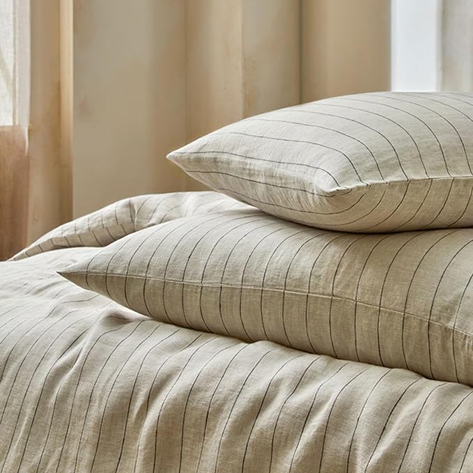 mixinni 3 Piece Striped Duvet Cover Set, Neutral Washed Cotton Linen Blend Bedding, Vintage Stripe Comforter Cover with 2 Pillowcases, Soft Breathable Farmhouse Bed Set for All Season-Queen Size