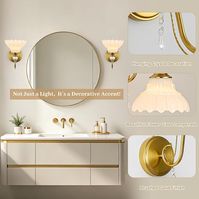 1 Piece Vintage Wall Sconce, 1-Light Brushed Gold Finish Wall Sconce with Hanging Crystal Accents and Flower-Shaped White Shades for Bathroom Bedroom Living Room,Vintage Vanity Light