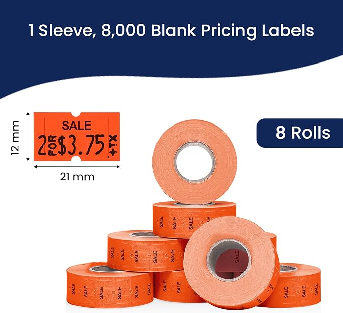 Perco 1 Line Fluorescent Red Sale Labels - 8,000 Blank Price and Date Gun Labels for Perco Lite, X, Plus and Pro 1 Line Price and Date Guns- 8 Rolls, 1 Sleeve - Made in USA