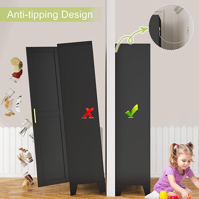GAIOUS Metal Storage Cabinet With 2 Doors and 3 Adjustable Shelves, Black Kitchen Pantry for Food, Utility Cabinet for Laundry Room, Cupboard