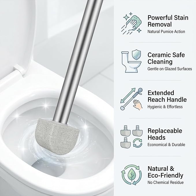 17" Pumice Stone Toilet Bowl Cleaner, 8 Heads – Non-Scratch | 100% natural high-density pumice. Removes limescale, rust & hard water stains without scratching porcelain.
