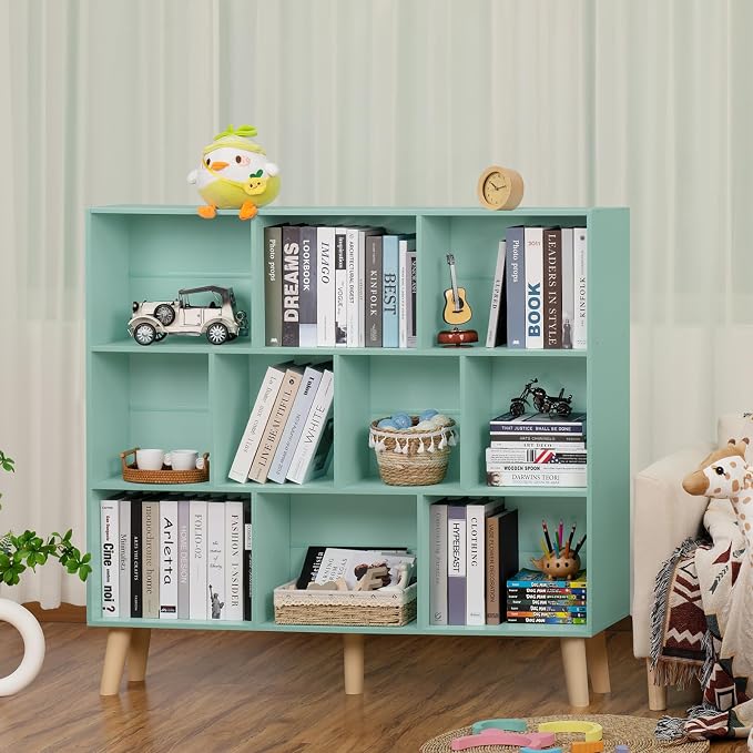 LEYAOYAO 10 Cube Bookshelf, Mid-Century Modern Book Shelf with Legs, Green | 3 Tier Bookcase, Rustic Wood Bookshelves Freestanding Large Storage Organizer, Open Shelves for Bedroom, Living Room, Office