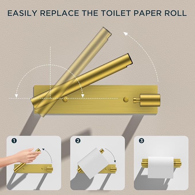 FORIOUS Toilet Paper Holder, Adhesive or Screw Wall Mount Pivoting Tissue Roll Holder, Stainless Steel Self Adhesive Toilet Paper Roll Holder no Drilling (Brushed Gold, Square)
