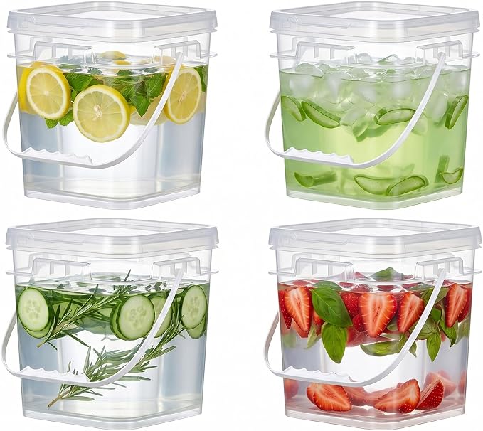 Food Storage Buckets with Lids - 4 Set Square Clear Plastic Containers, Airtight Pressure Seal & Handle for Kitchen Freezer Prep (Clear, 1.3 gal)